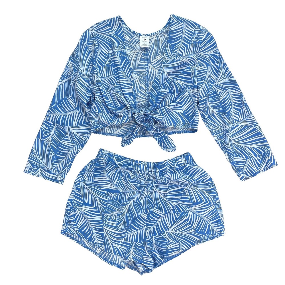 Womens Sz Small Swim Cover Up Set Linen Tropical Palm Leaf Boho Vacation Coastal